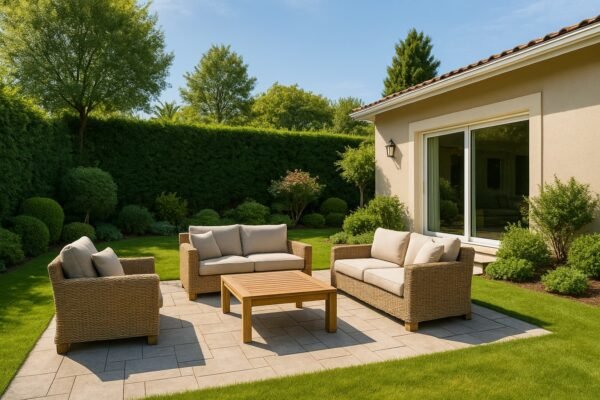 جلسة خارجية أنيقة وسط حديقة منزلية خضراء