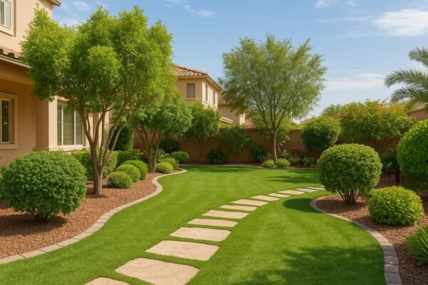حديقة منزلية منظمة بأشجار الزينة وممرات حجرية