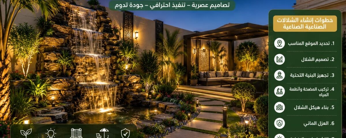 تنسيق حدائق عبدالله السالم مع شلال صناعي مضاء