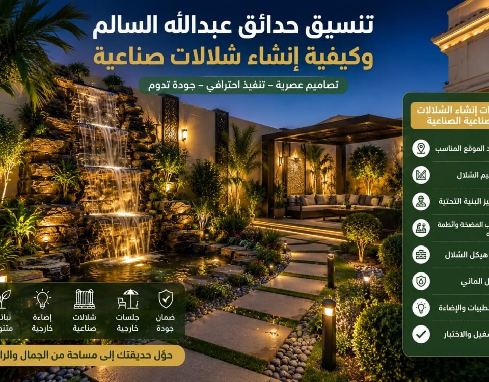 تنسيق حدائق عبدالله السالم مع شلال صناعي مضاء