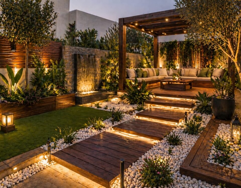 تنسيق حدائق الظهر بالخشب والطبيعة