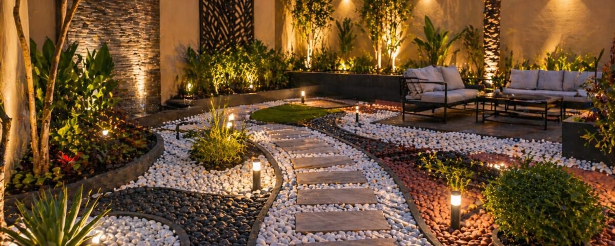 تنسيق حدائق ميناء عبدالله بالحصى الملون