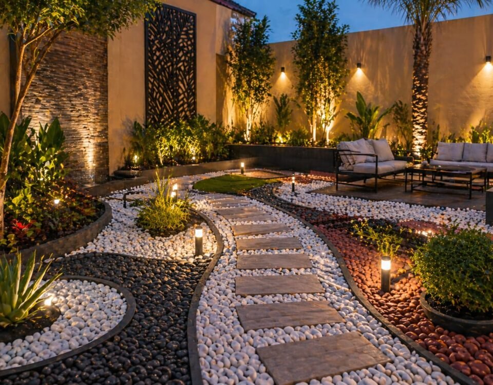 تنسيق حدائق ميناء عبدالله بالحصى الملون