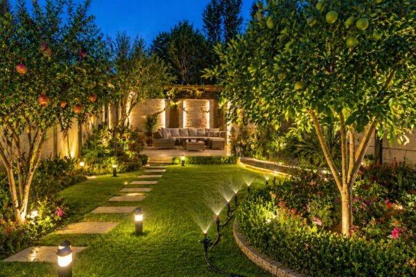 حديقة منزلية بإضاءة ليلية