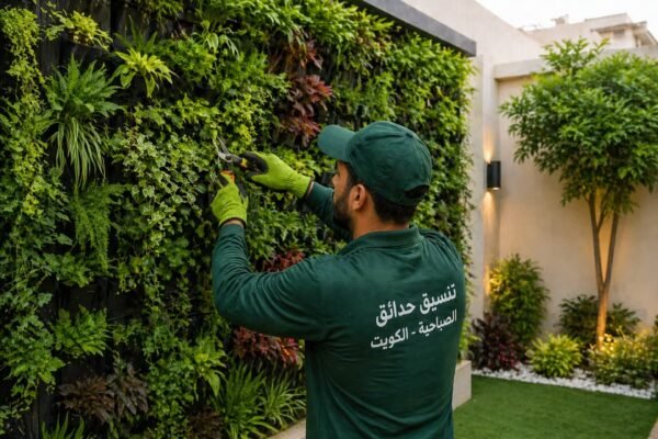 صيانة جدار زراعة عمودية في حديقة بالكويت