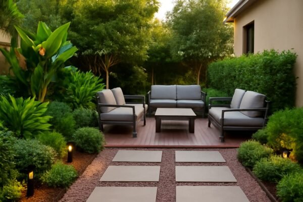 حديقة منزلية في مبارك الكبير تحتوي على أثاث خارجي عصري وطاولات بجانب النباتات الخضراء