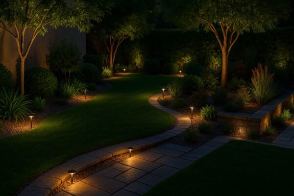 حديقة مضاءة ليلاً بإضاءة أرضية وجانبية في حولي