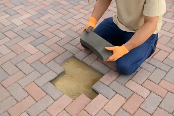 عامل يقوم باستبدال بلاط متداخل تالف في ممر خارجي