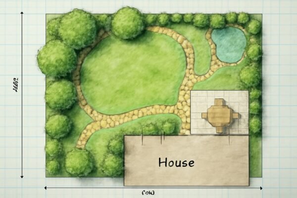 تصميم هندسي واقعي لحديقة منزلية مع ممشى ومنطقة جلوس في الهواء الطلق