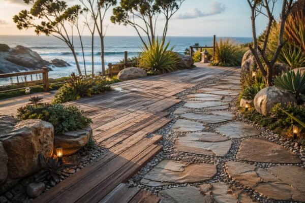 حديقة ساحلية أرضية خشب وحجر