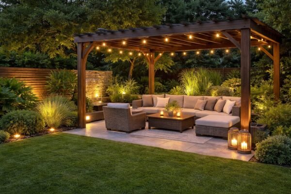 برجولة خشبية أنيقة في حديقة منزلية توفر الظل