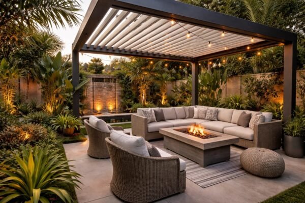 جلسة خارجية ببرجولة حديثة داخل حديقة