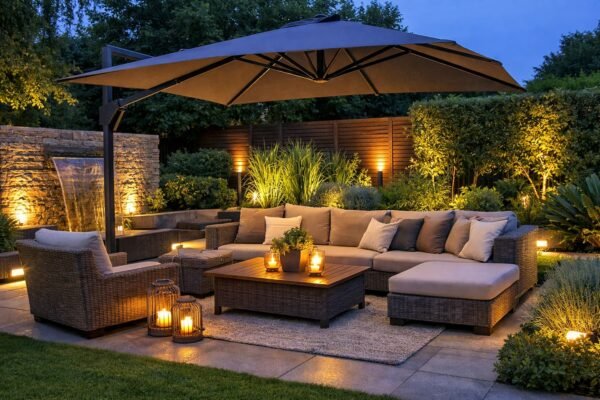 جلسة خارجية أنيقة في حديقة منزلية بمظلة حديثة وإضاءة هادئة