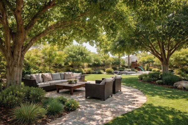 جلسة خارجية مظللة داخل حديقة منزلية