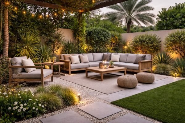 جلسة خارجية أنيقة في حديقة منزلية