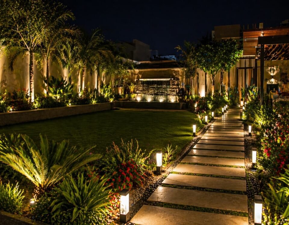 تنسيق حدائق الحساوى بإضاءة ليلية حديثة