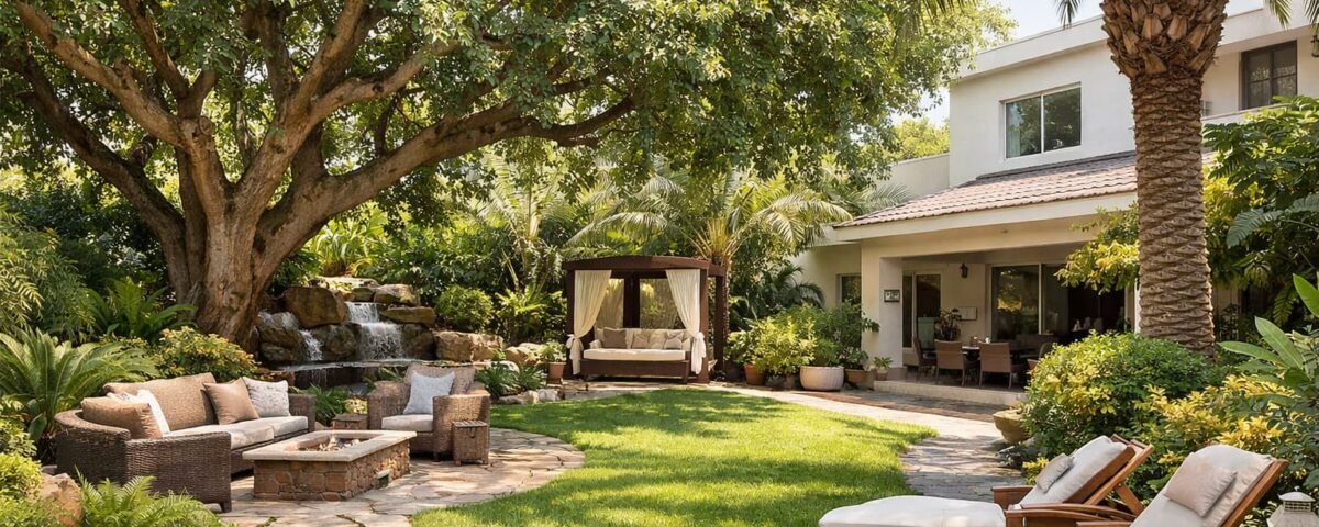 تنسيق حدائق القبلة بالكويت باستخدام الأشجار الكبيرة لتوفير الظل