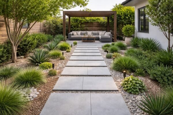 ممر حجري حديث في حديقة منزلية