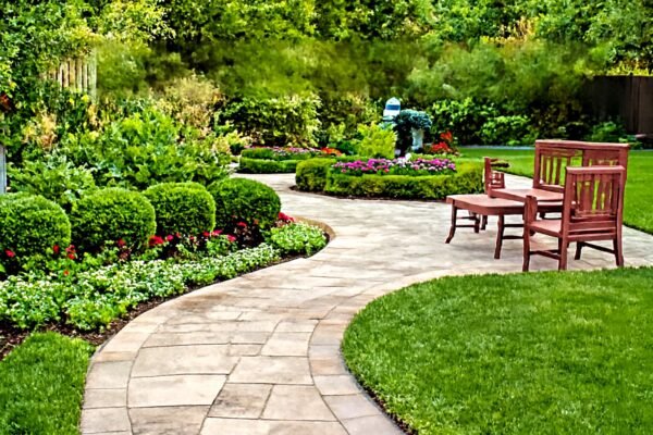 حديقة منسقة مع مسار حجري وأماكن للجلوس وأزهار ملونة.