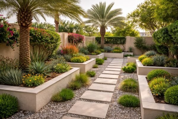حديقة منزلية في الشرق بأحواض مرتفعة