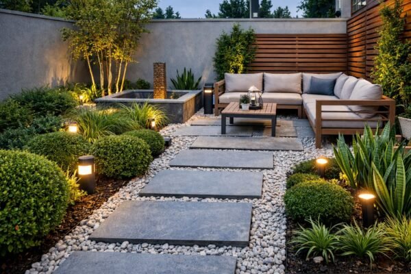 حديقة منزلية عصرية بممرات حجرية