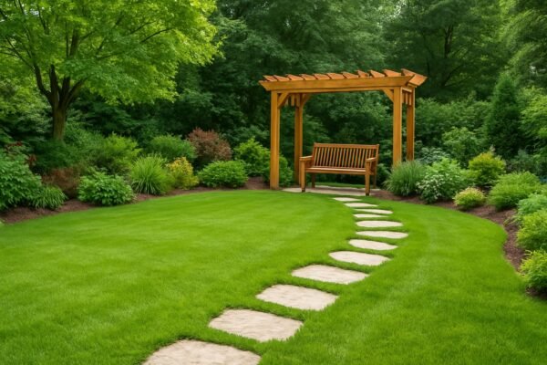 حديقة خضراء بتصميم منسق ومسار حجري يؤدي إلى جلسة خشبية تحت برغولا خشبية