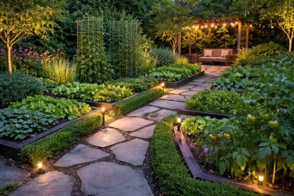 حديقة منزلية بممرات حجرية وإضاءة خارجية
