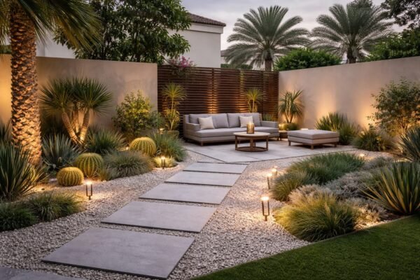 حديقة منزلية عصرية بالكويت بممرات حجرية