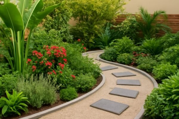 حديقة منزلية بمبارك الكبير مع مزيج من النباتات الاستوائية والعطرية.