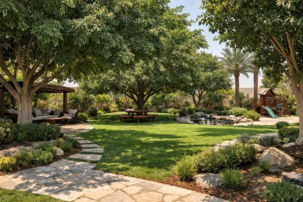 أشجار موزعة بذكاء داخل حديقة منزلية