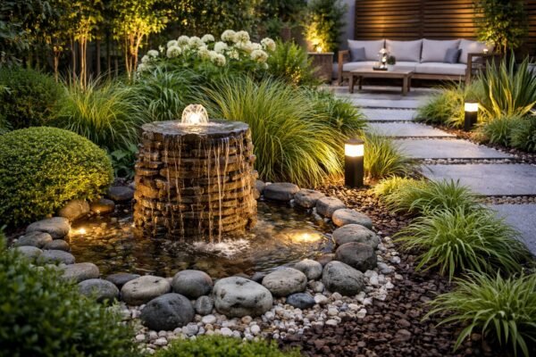 نافورة مياه صغيرة داخل حديقة منزلية