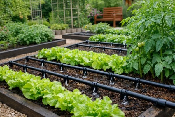 نظام ري بالتنقيط داخل حديقة منزلية خضراء