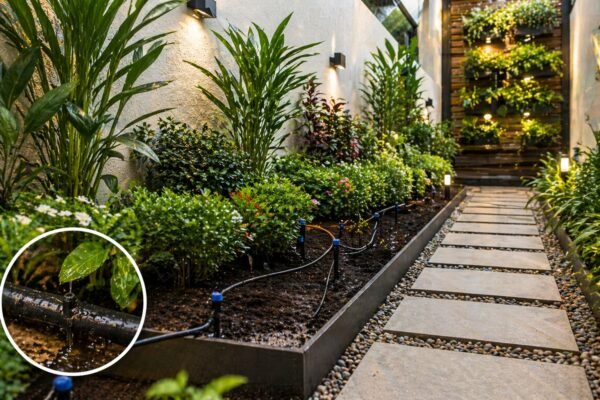 نظام ري بالتنقيط داخل حديقة منزلية صغيرة