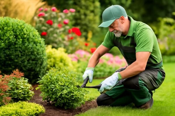 عامل حديقة يرتدي زيًا أخضر وقبعة يقوم بتقليم شجيرة في حديقة جميلة مليئة بالنباتات الزاهية