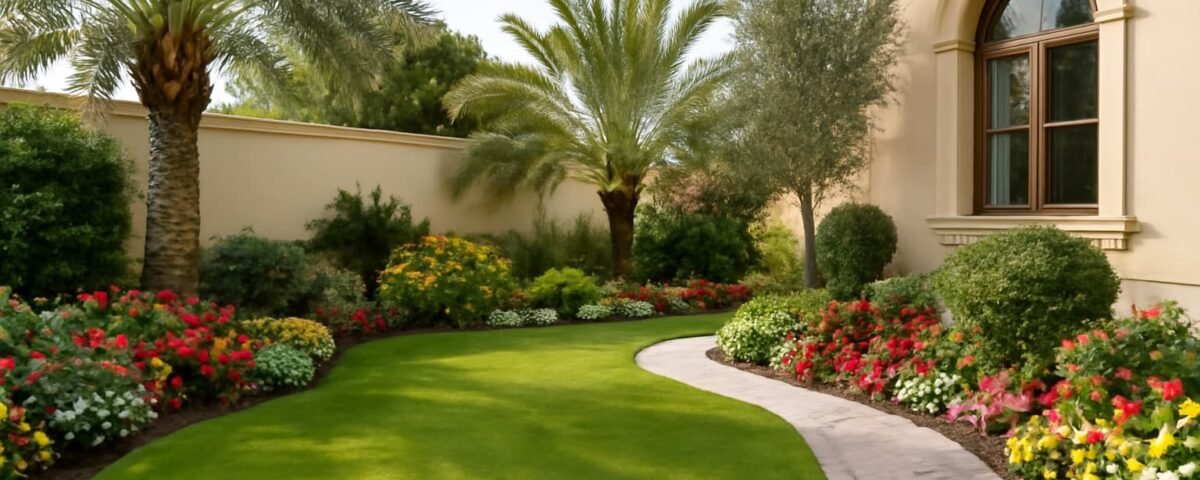 تنسيق حدائق الاندلس حديقة منزلية في الأندلس بالكويت تحتوي على ممرات من البلاط الحديث