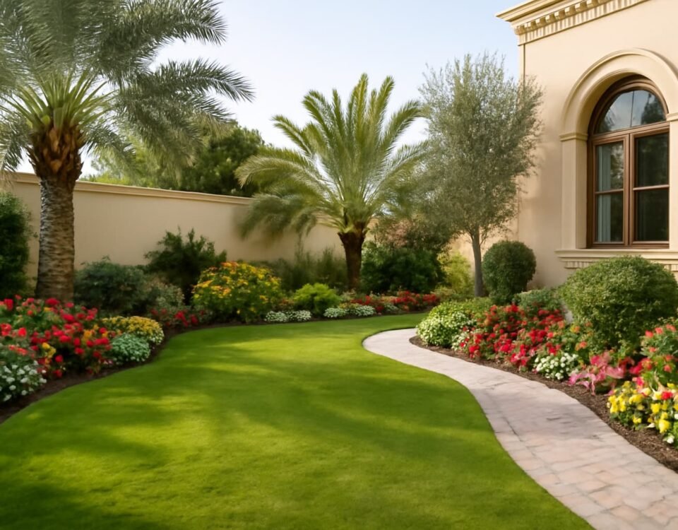 تنسيق حدائق الاندلس حديقة منزلية في الأندلس بالكويت تحتوي على ممرات من البلاط الحديث