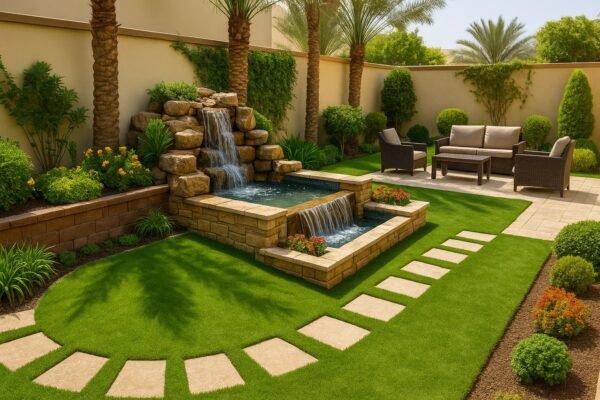 شلال حجري وجلسة خارجية في حديقة منزلية بالكويت