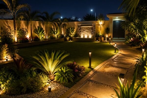 حديقة منزلية بإضاءة ليلية حديثة