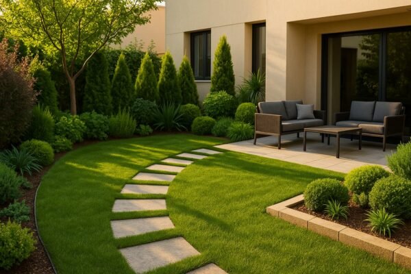 حديقة منزلية منسقة في النزهة بالكويت مع ممر حجري وجلسة خارجية