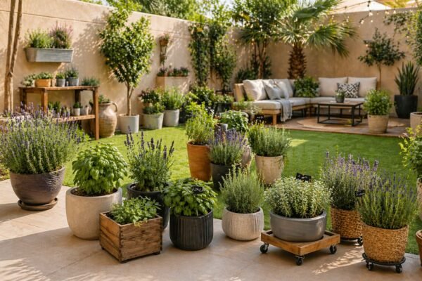 نباتات عطرية بأواني متنوعة