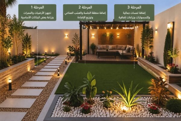 حديقة منزلية بتصميم تدريجي بسيط