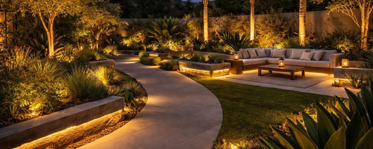 تنسيق حدائق بنيدر بالكويت بإضاءة مخفية
