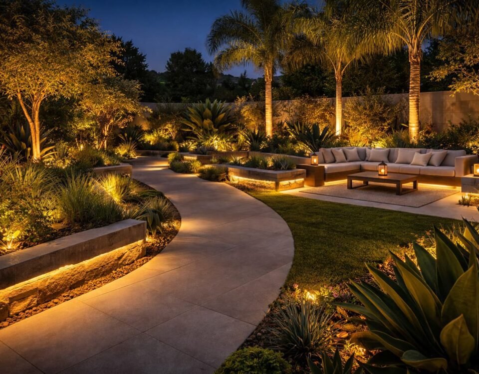 تنسيق حدائق بنيدر بالكويت بإضاءة مخفية