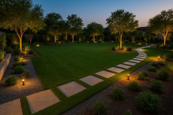حديقة كبيرة مضاءة ليلًا في حولي مع ممرات حجرية