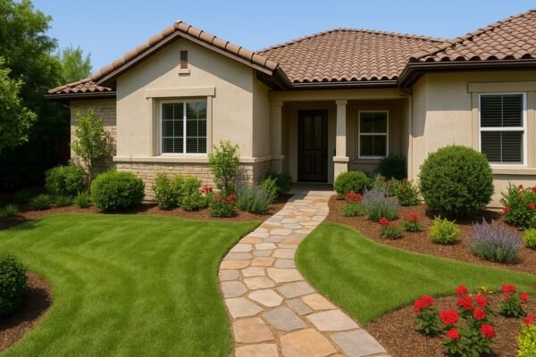 تنسيق حدائق أمام منزل حديث مع ممر حجري وزهور ملونة