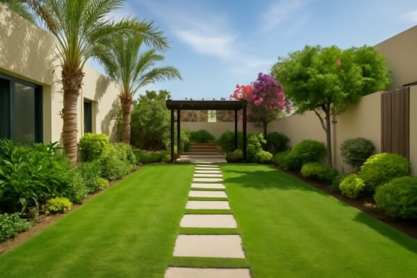 نسيق حدائق، ممر حجري، بيرغولا خشبية، نخيل، نباتات زينة