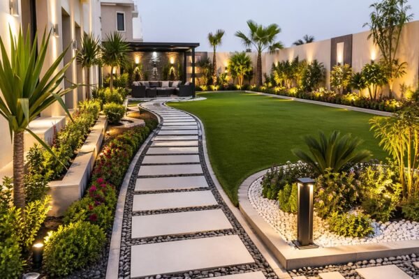 توزيع نباتات وممرات في حديقة منزلية عصرية