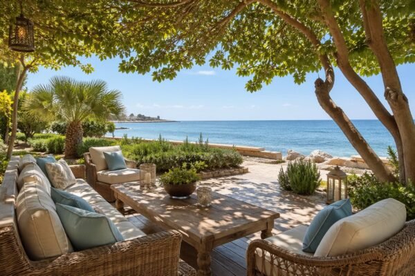 جلسة خارجية بظل أشجار مطلة على البحر