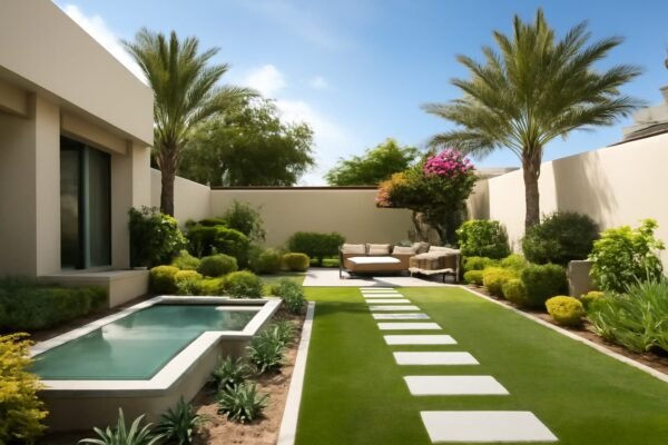 حديقة منزلية، نافورة، ممر حجري، أشجار زيتون، نباتات وزهور ملونة