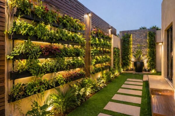 حديقة بجدار نباتي رأسي في منزل عصري
